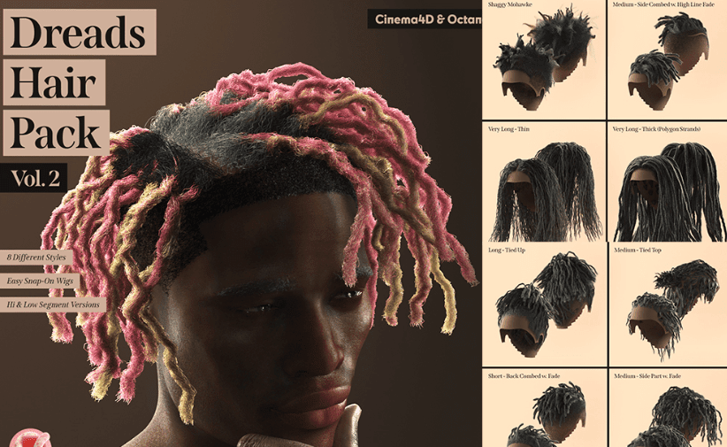 8款真实质感黑人脏辫说唱嘻哈人物发型C4D模型套装Dreads Hair Pack for Cinema4d-123资源网