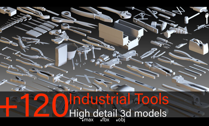 [3D模型]工业工具锤子扳手3D模型钳子锯子电钻设备剪刀刷子基础白模-123资源网