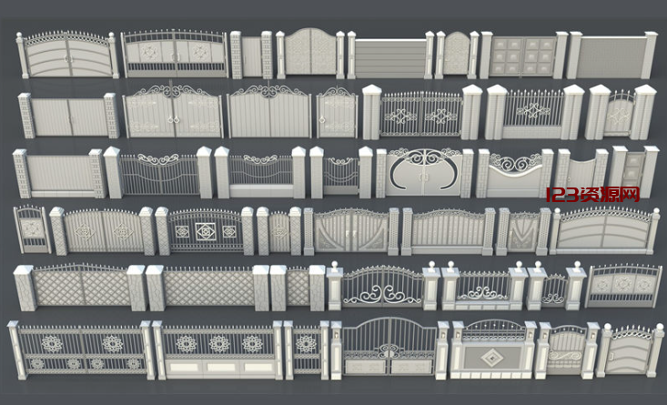 Blender大门栅栏铁门围栏3D模型围墙建筑院墙栅栏护栏基础白模-123资源网