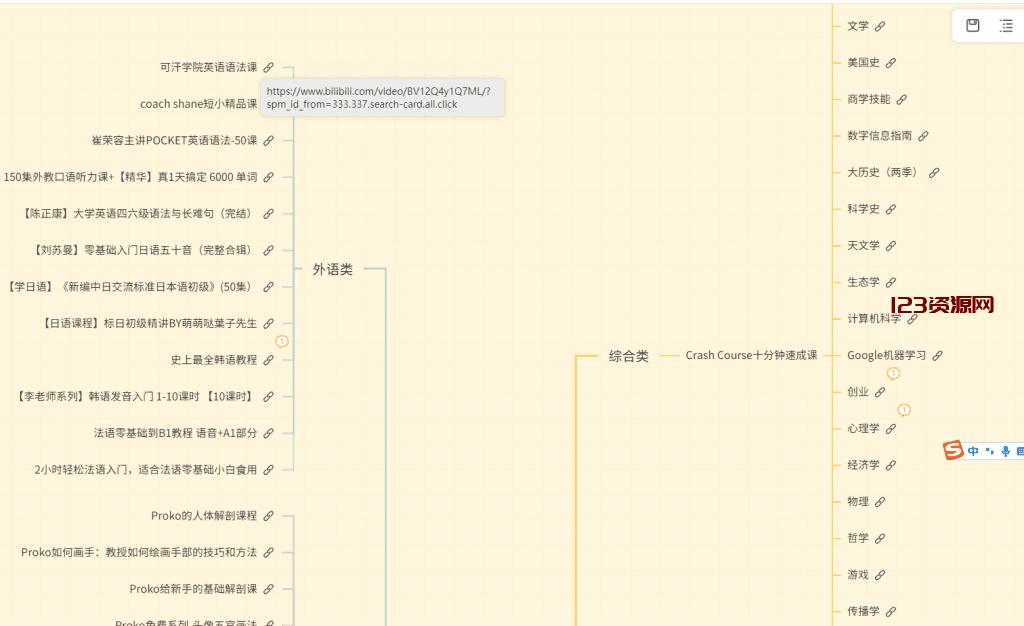 B站网课资源推荐站！已整理为思维导图模式，附带视频播放地址，学习网站分享-123资源网